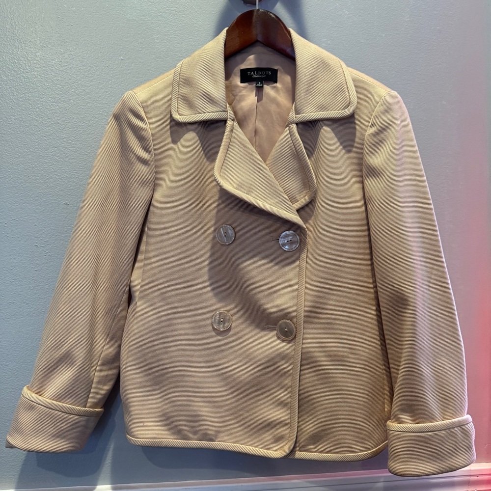 Talbots Grace Fit Double Breasted Blazer Jacket Cotton Silk Khaki Tan 8